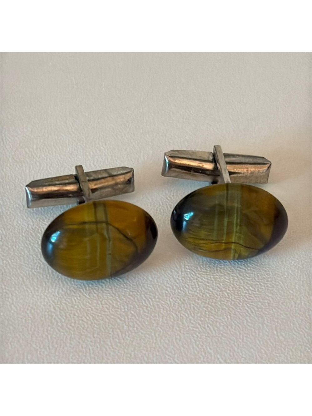 Vintage Tiger's Eye cufflinks silver Tone Brown Accents men's French cuffs